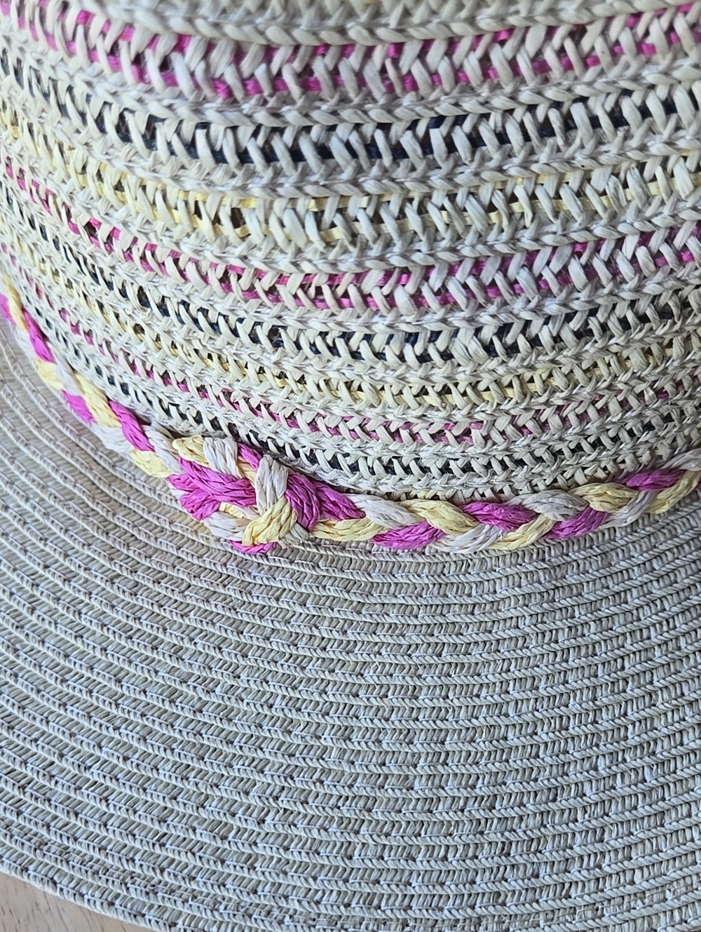 Fedora Braided Sun Hat Pink Yellow Braided Band Cream Tan Festival Vacation - Picture 12 of 16